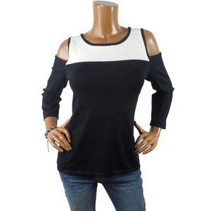 CABLE & GAUGE Top L Cold Shoulder Sweater Black/White Casual Knit Long Sleeves